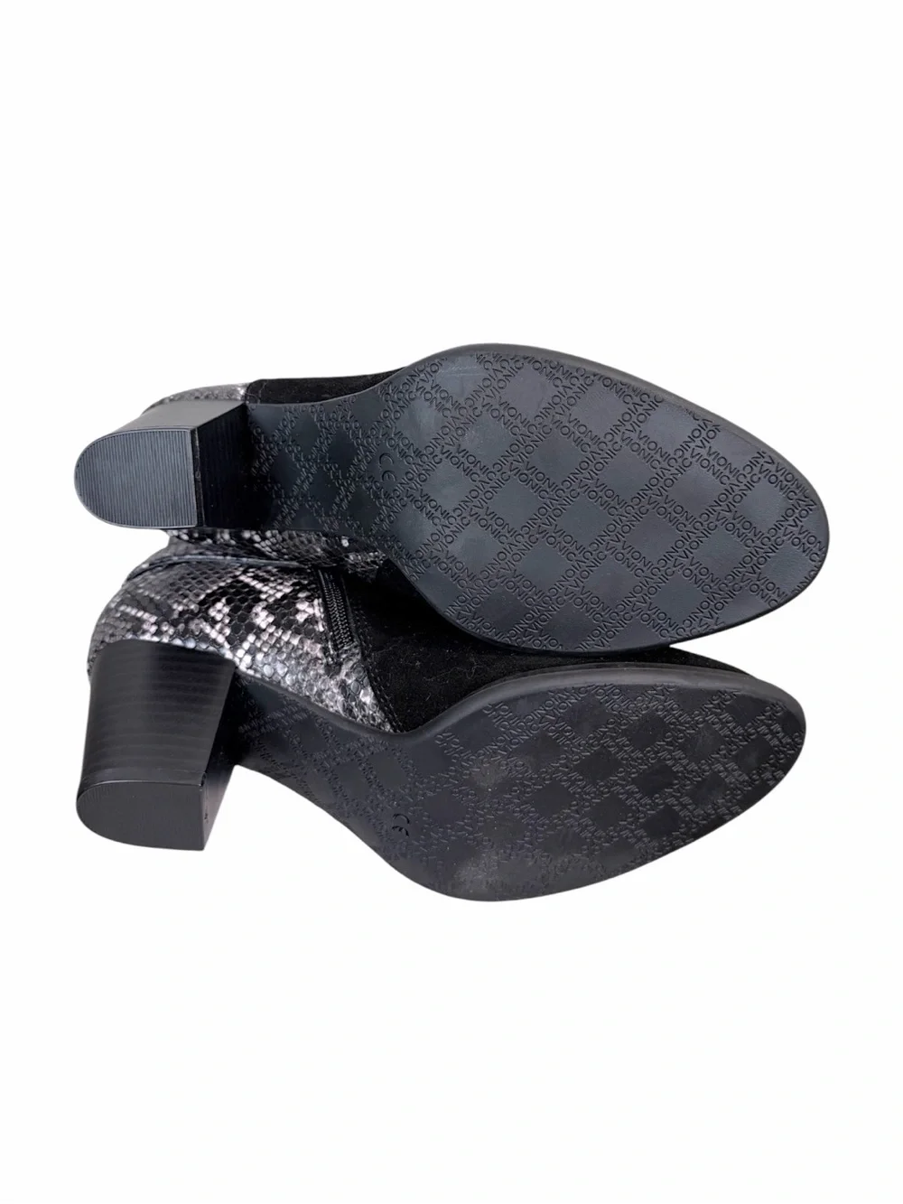 Vionic Naomi Snake Print Suede Ankle Booties Black Gray Buckle Comfort Heel 7